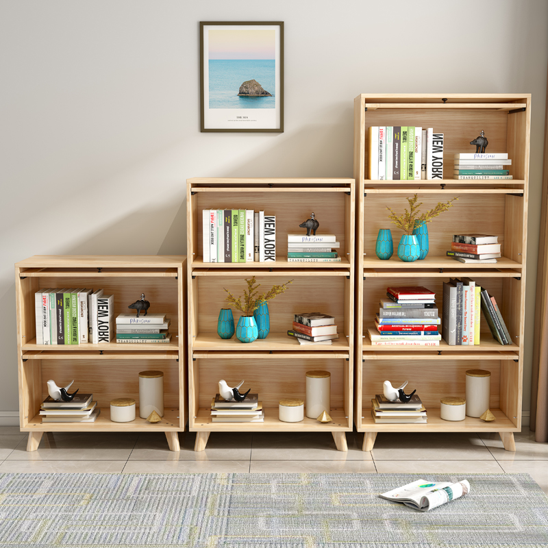 北欧实木书柜带玻璃门美式书架置物架落地学生书橱儿童储物收纳柜