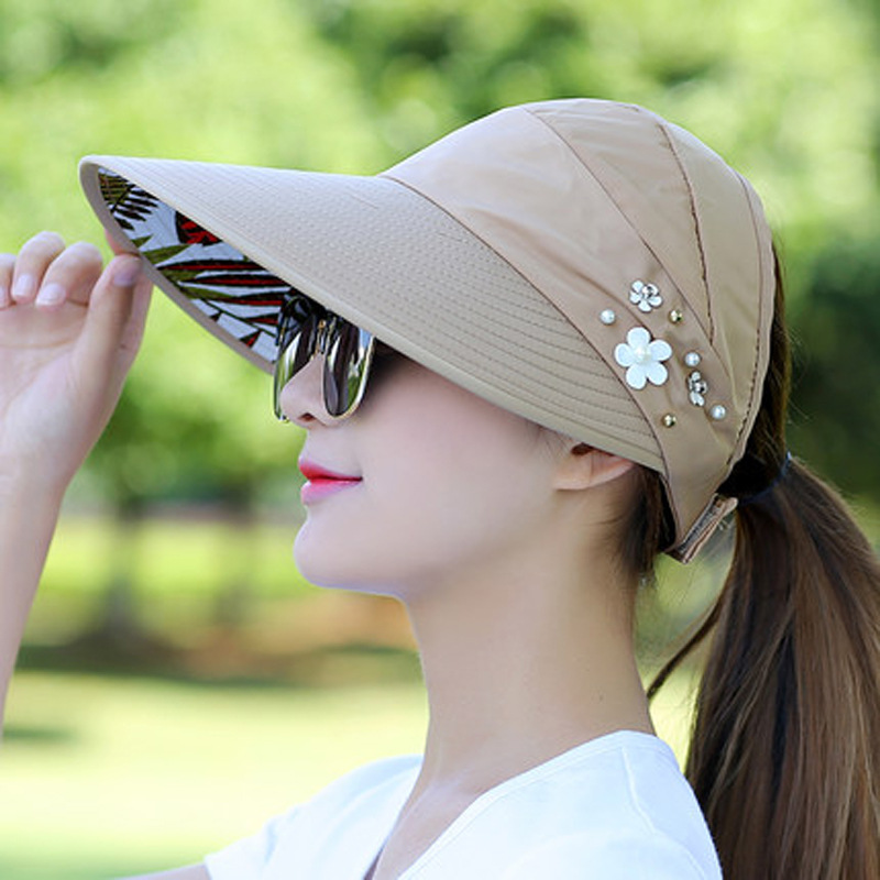 新品Summer Hats for Women Foldable Sun Hat Pearl Flower Viso