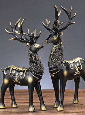 北欧轻奢情侣麋鹿树脂摆饰客厅玄关酒柜家居装饰品乔迁新居