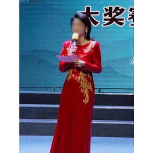 极速红色亮片主持人礼服端庄大气学生民歌大合唱演出服长袖秋冬高