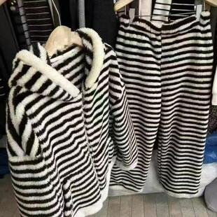 拉链连帽两件套居家服休闲外套韩版 开衫 斑马条纹长袖 条纹连帽套装