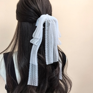 法式 MYSELF 纯白蕾丝长飘带蝴蝶结抓夹后脑勺超仙发饰 LOVE