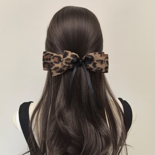 秋冬复古毛呢不对称豹纹蝴蝶结发夹韩版 大号气质头饰氛围感发饰