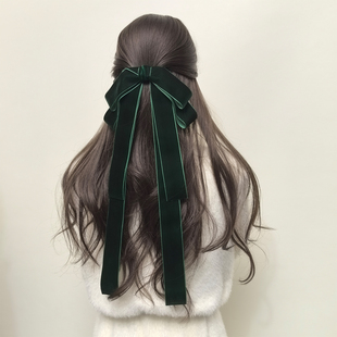 丝绒墨绿色蝴蝶结飘带超大号发夹头饰高级感发饰头绳发夹弹簧夹