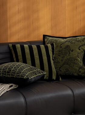 中古轻奢黑绿色系组合抱枕新中式复古刺绣竹纹抱枕民宿靠垫腰靠枕