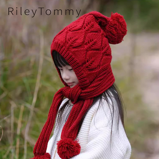 英国Riley Tommy国风新年儿童帽子冬保暖围脖可爱围巾一体护耳帽