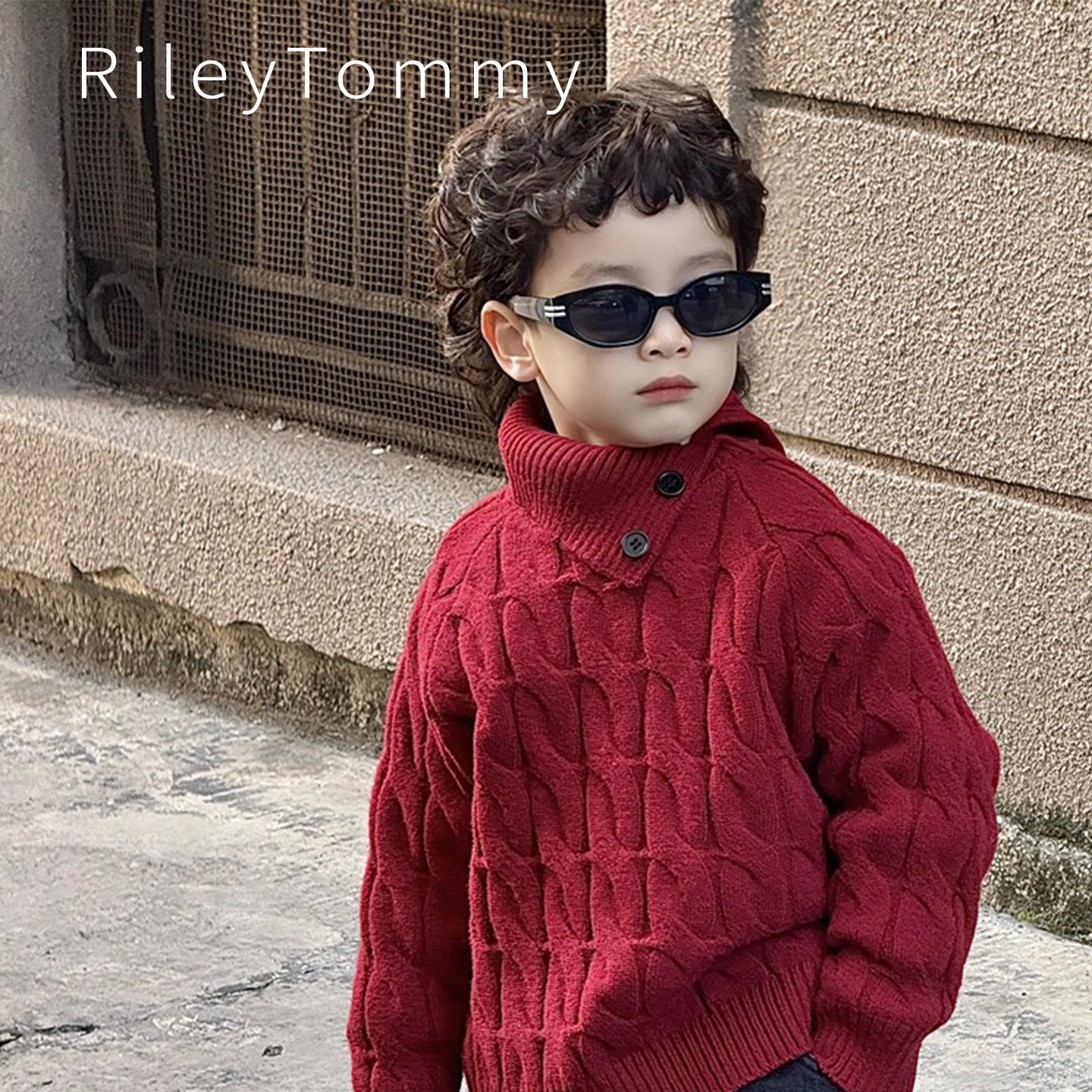 英国Riley Tommy男童冬季毛衣红色上衣儿童翻高领男孩保暖毛衣