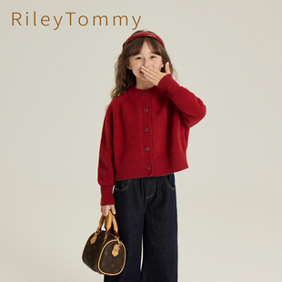 英国Riley Tommy儿童针织毛衣女童红色开衫短款外套加厚秋冬外穿