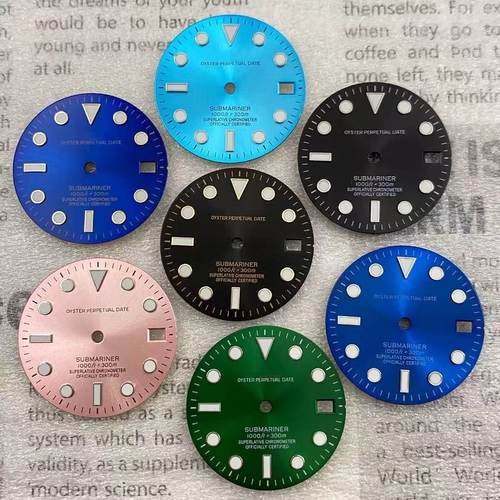 SUB水鬼改装表盘字面28.5mm 冰蓝/绿色夜光 适装nh35机芯 S logo