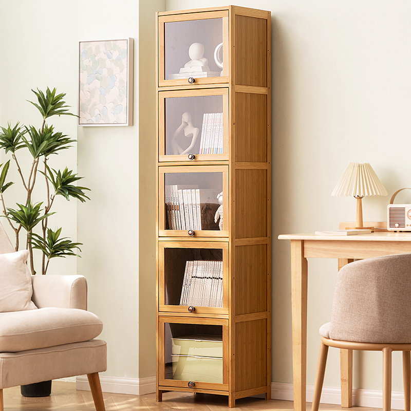 书柜现代简约带门防尘格子柜实木书架窄柜落地储物柜置物组合立柜