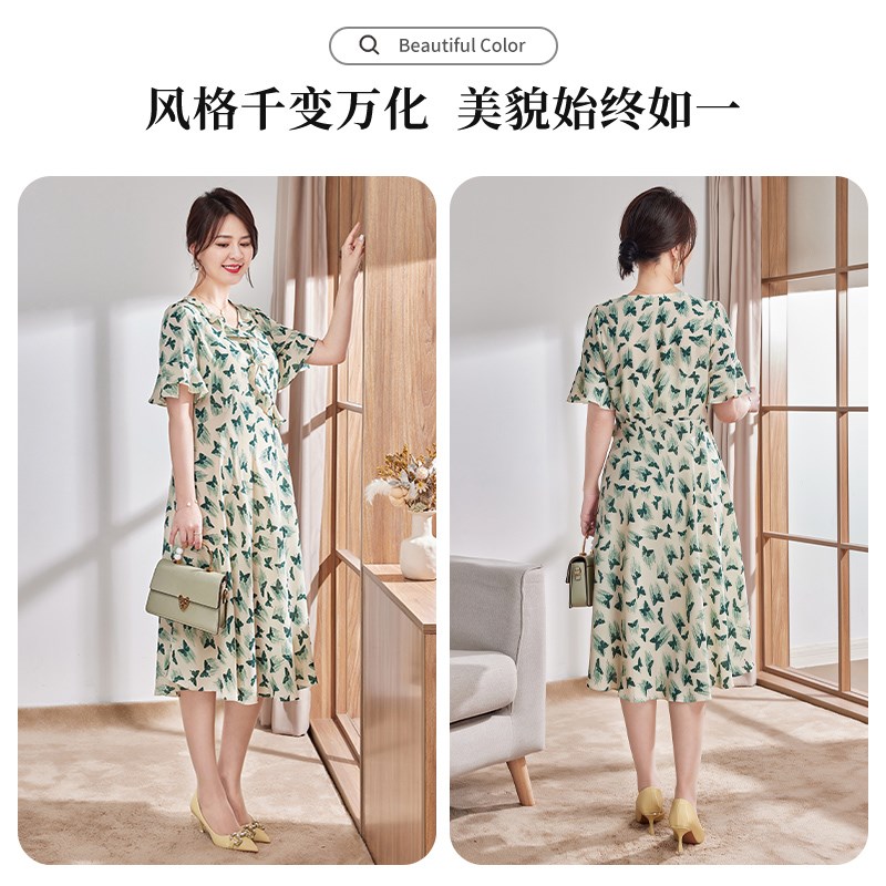 妈妈夏装新款洋气连衣裙短袖中老年女士夏季时尚中年气质雪纺裙子