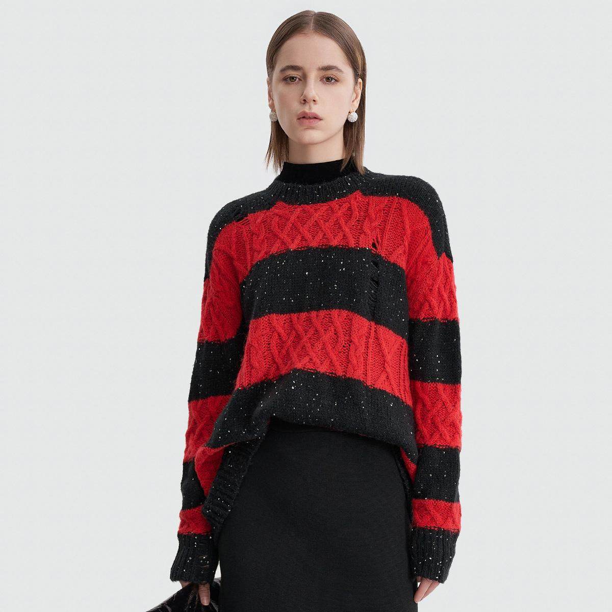 AITU绵羊毛马海毛混纺条纹圆领套头毛衫女宽松显瘦遮肉秋冬新款