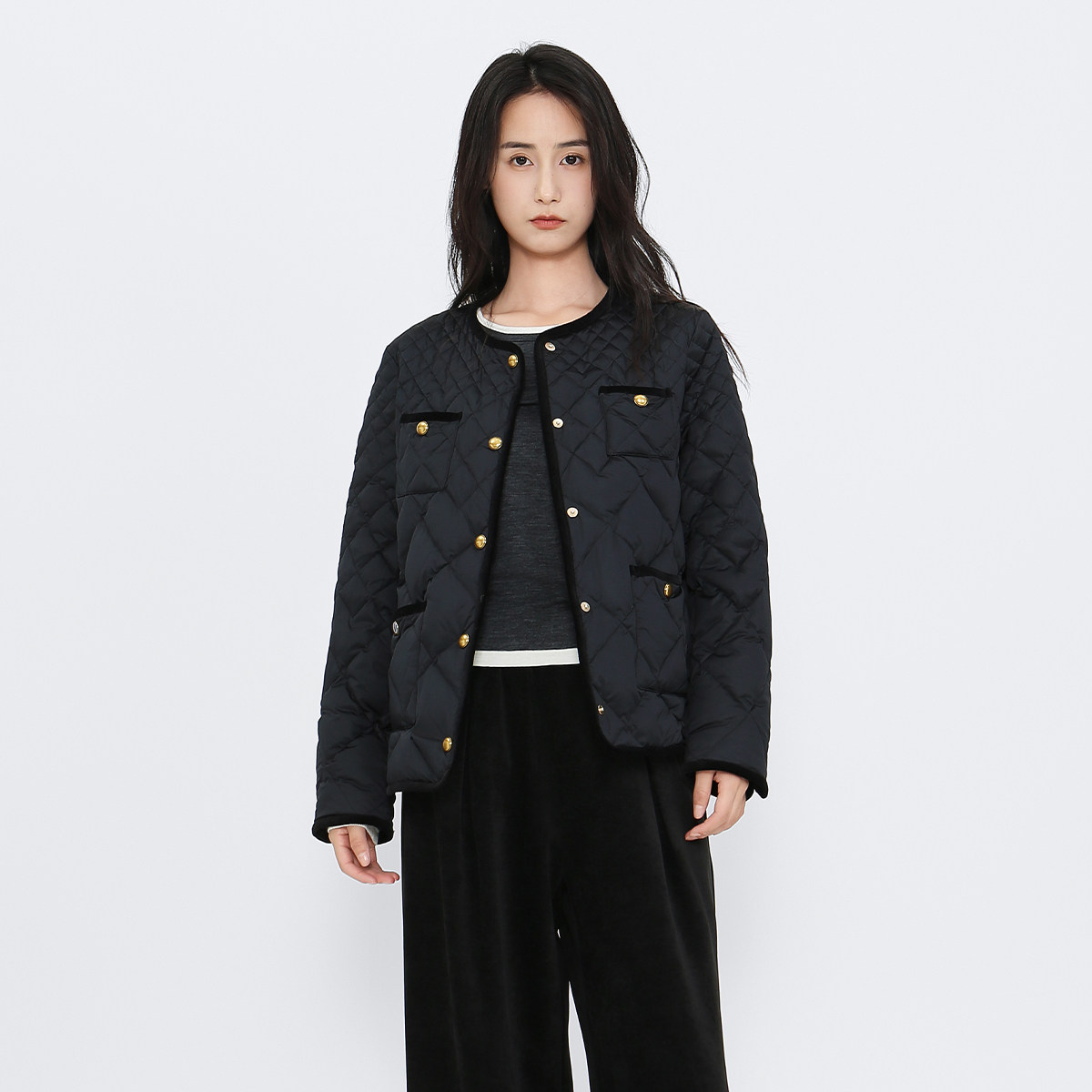 AITU2025冬季新款休闲设计感菱格绗棉拼接小翻领宽松休闲外套