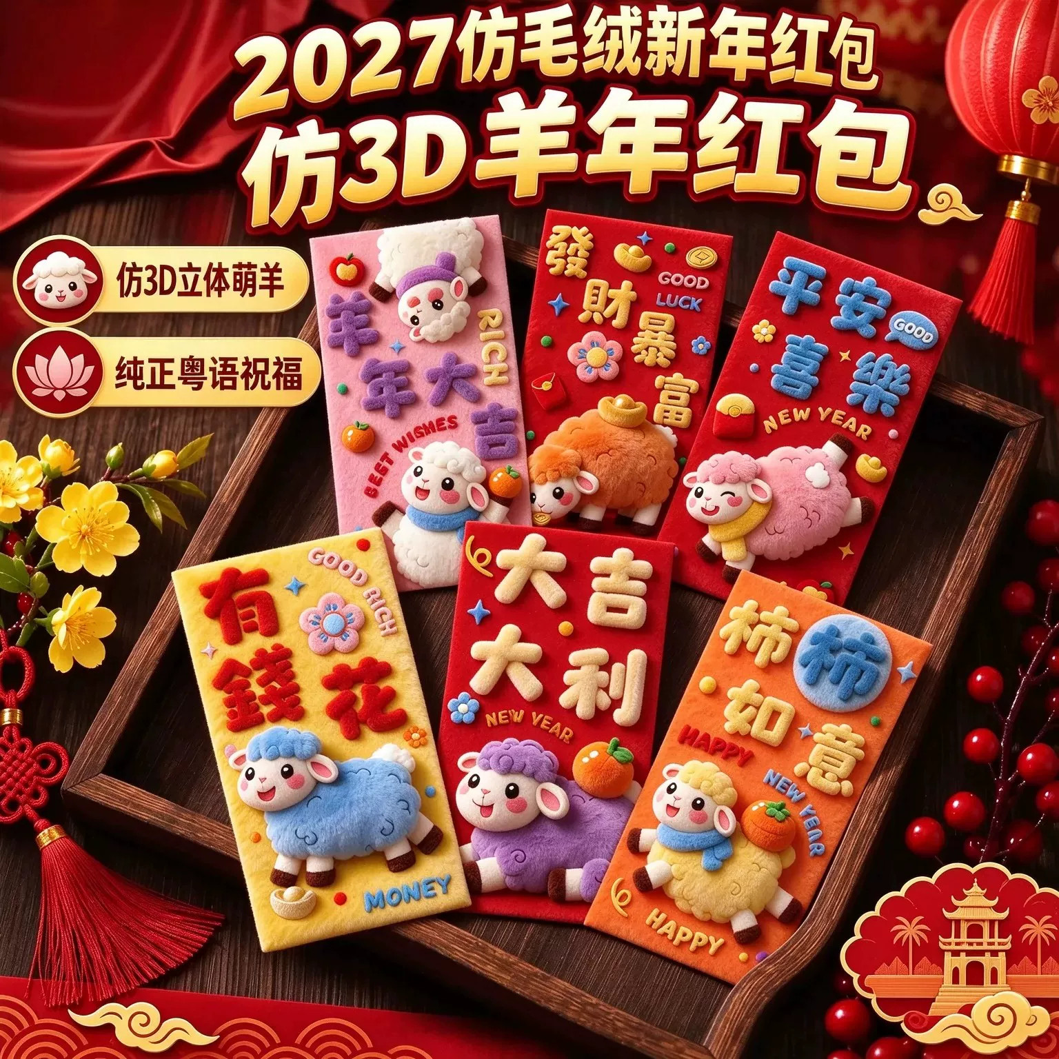 新年红包2027羊年创意3D印刷仿刺绣毛绒红包袋可爱儿童通用利是封