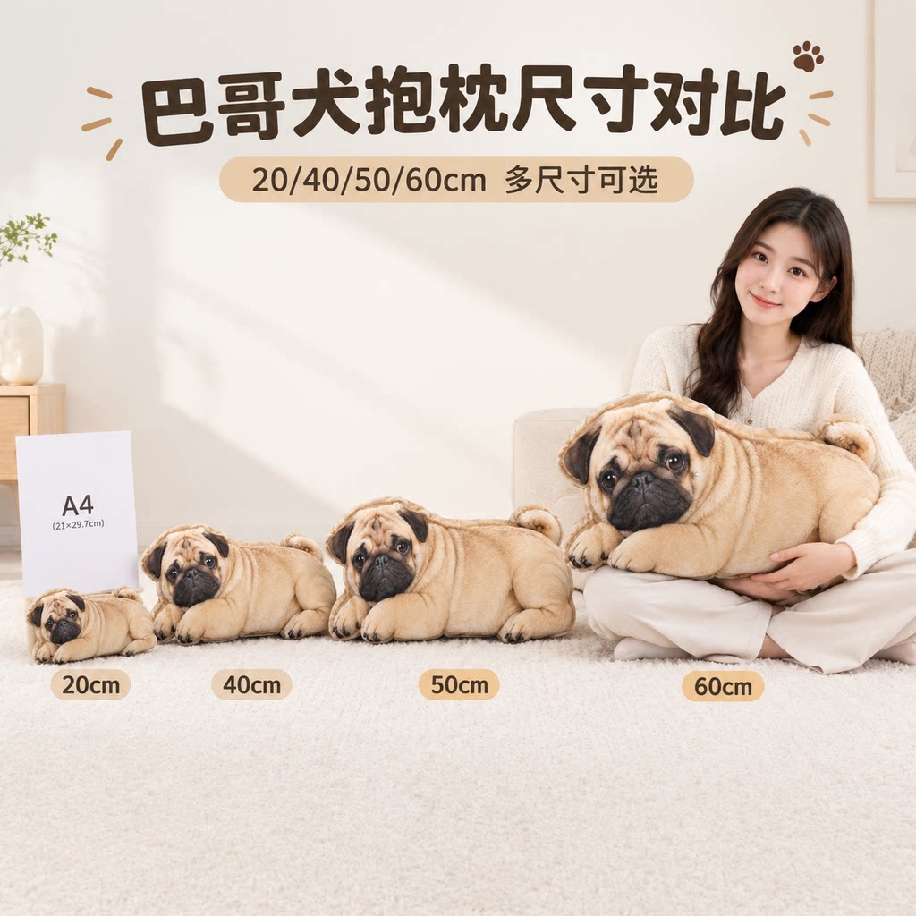 仿真巴哥犬印花抱枕八哥犬憨态可掬毛绒靠垫沙发趴睡枕床头装饰