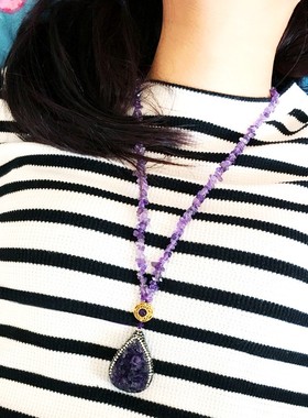 紫水晶项链乌拉圭天然簇吊坠紫晶心形原石晶洞块挂件爱情石毛衣链