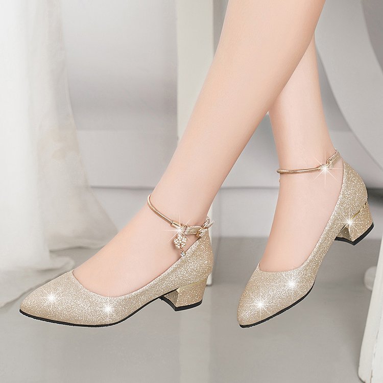 新款水晶高跟鞋女银色圆头粗跟中跟5cm礼服伴娘婚鞋单鞋一字扣带