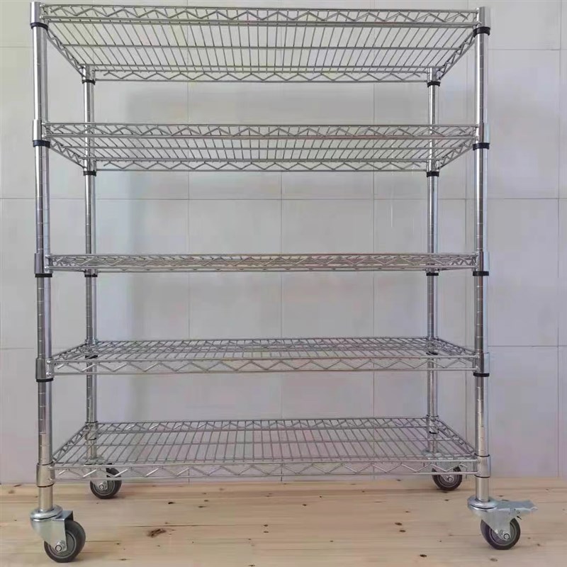 镀铬线网仓储货架不锈钢色镂空置物架仓库房阳台带轮可移动多层架
