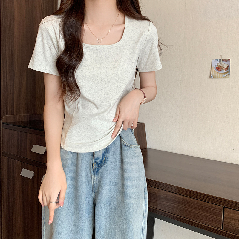 速发正肩2恤夏方领法式u衣上领半袖短款弧形下摆t025新款