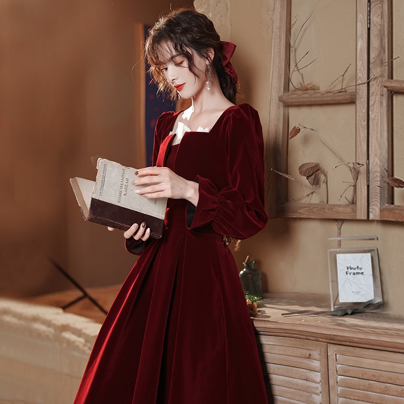 速发敬酒红裙绒2021新款酒服色平时可穿结婚订婚新娘礼服丝长袖遮
