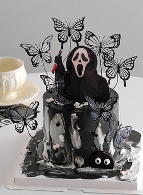 速发死幻24圣节恶搞蛋糕装饰2神鬼脸亚克力摆件黑色0彩蝴蝶装扮插