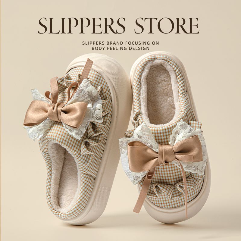 忆诗兰少女感蝴蝶结棉拖鞋秋冬季
