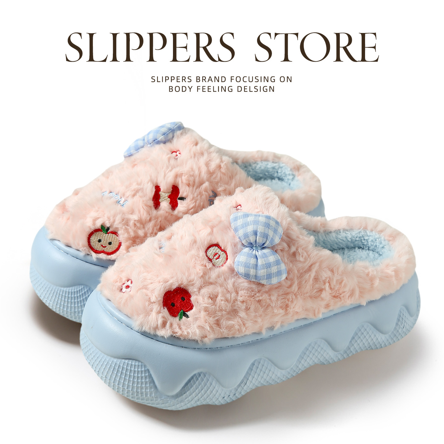 蝴蝶结苹果厚底棉拖鞋女柔软