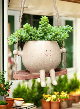 多肉花盆可爱笑脸秋千花盆个性装饰创意悬挂式水培花盆阳台装饰