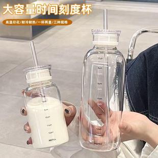 绚小青家用双盖时间便携高硼硅水杯刻度简约吸管杯礼品玻璃杯