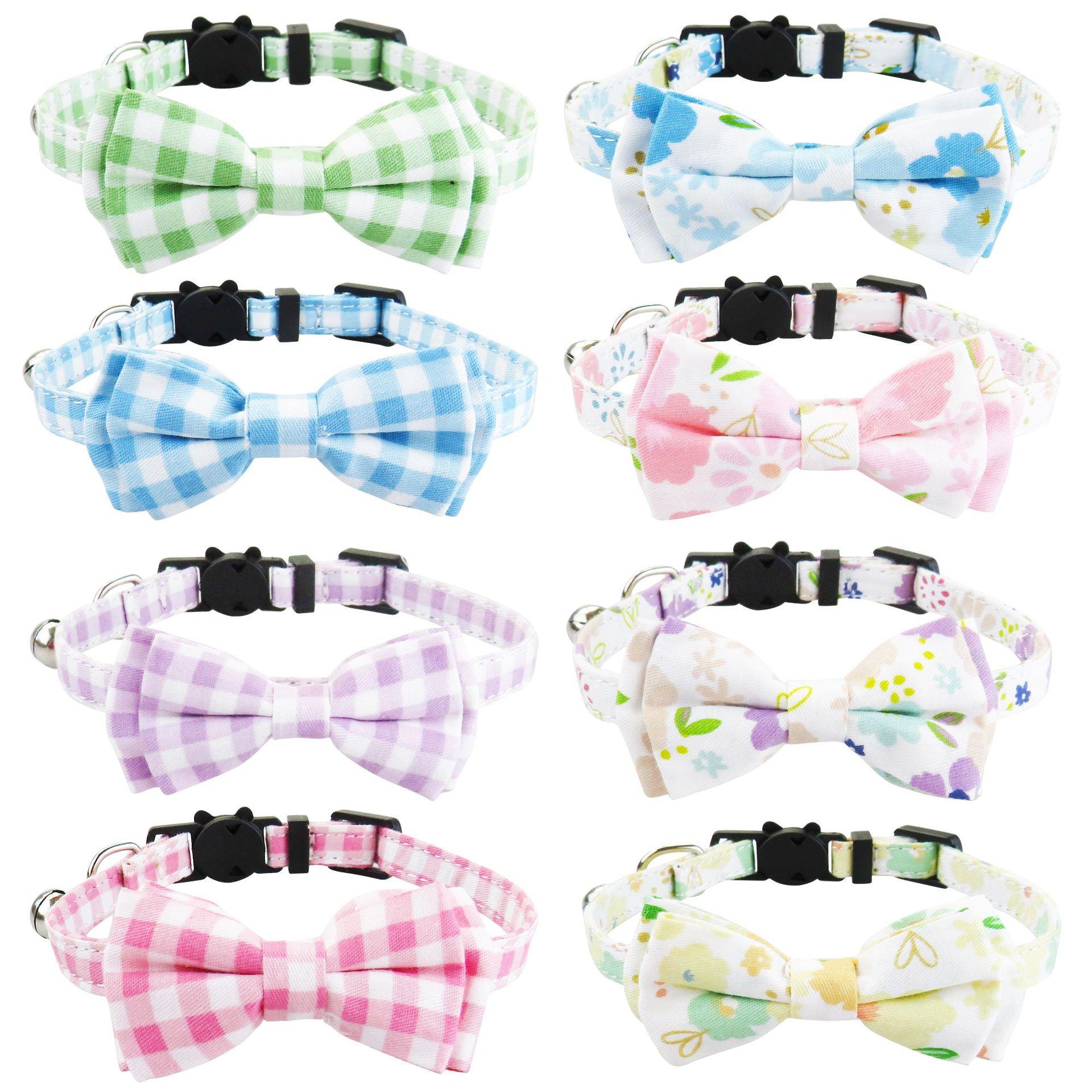 新品宠物项圈碎花格子组合套装猫项圈蝴蝶结带铃铛猫咪项圈