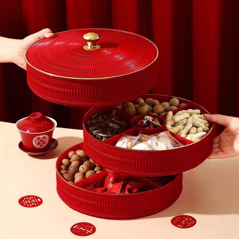 结婚陪嫁用品大全早生贵子果盘婚庆糖果盘子婚礼多层带盖塑料盘
