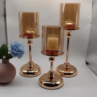 欧式 铁艺玻璃烛台摆件轻奢中西餐桌样板间家用烛光晚餐高颜值摆件