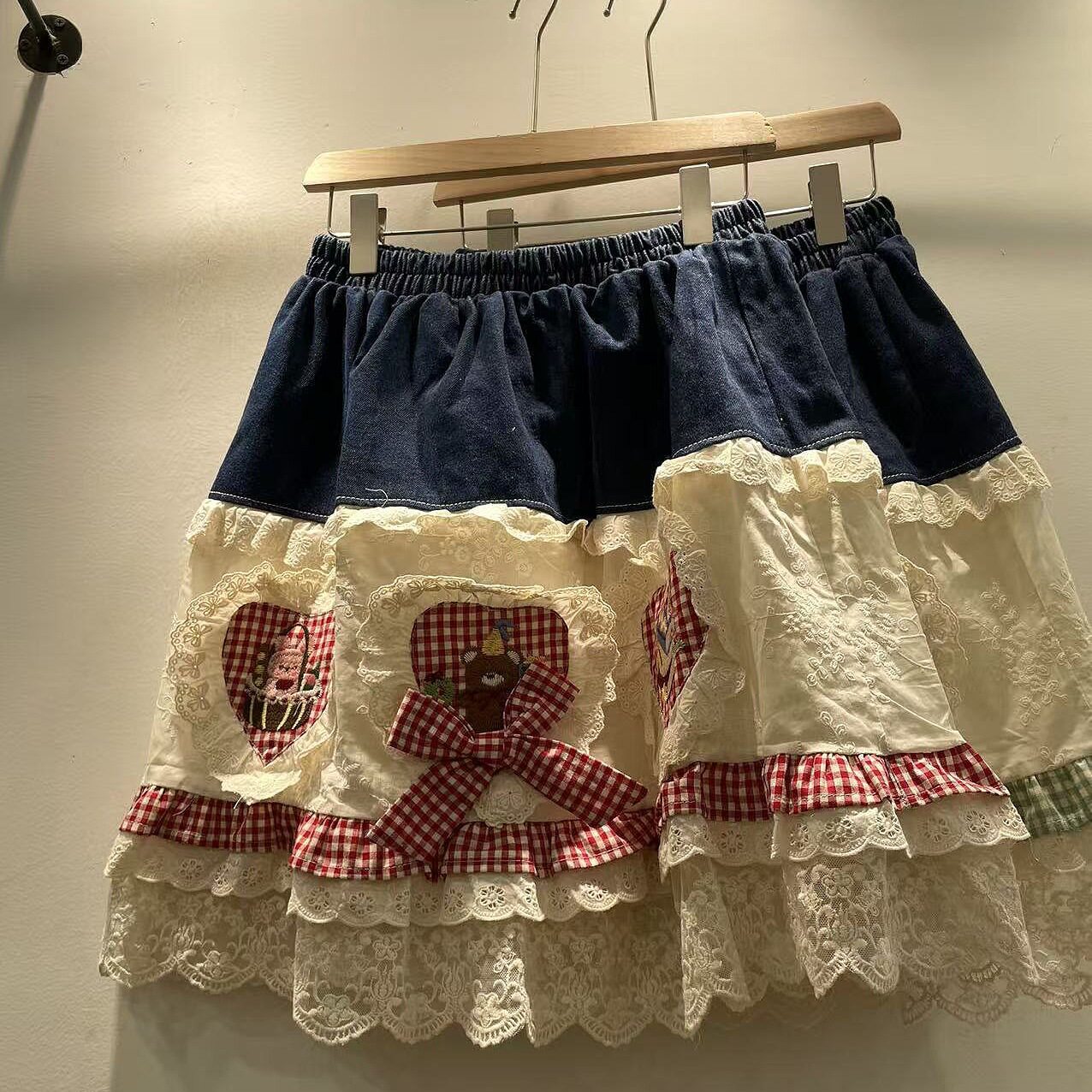 秋季女装新款森女系蕾丝花边拼接松紧腰宽松牛仔半身裙女图片