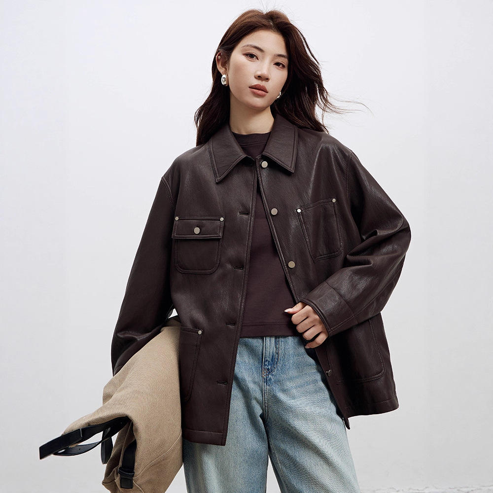 欧美廓形翻领工装皮衣外套女202