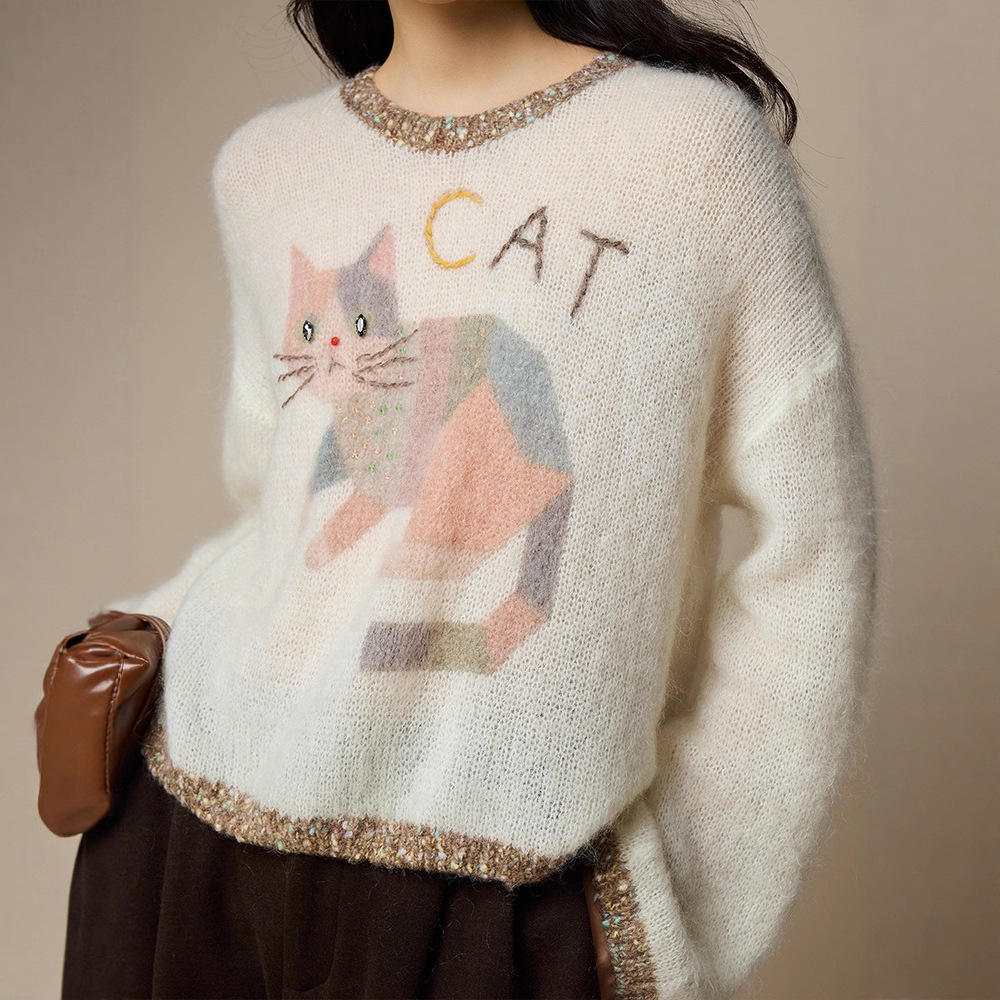 优雅风小花猫印染马海毛毛衣