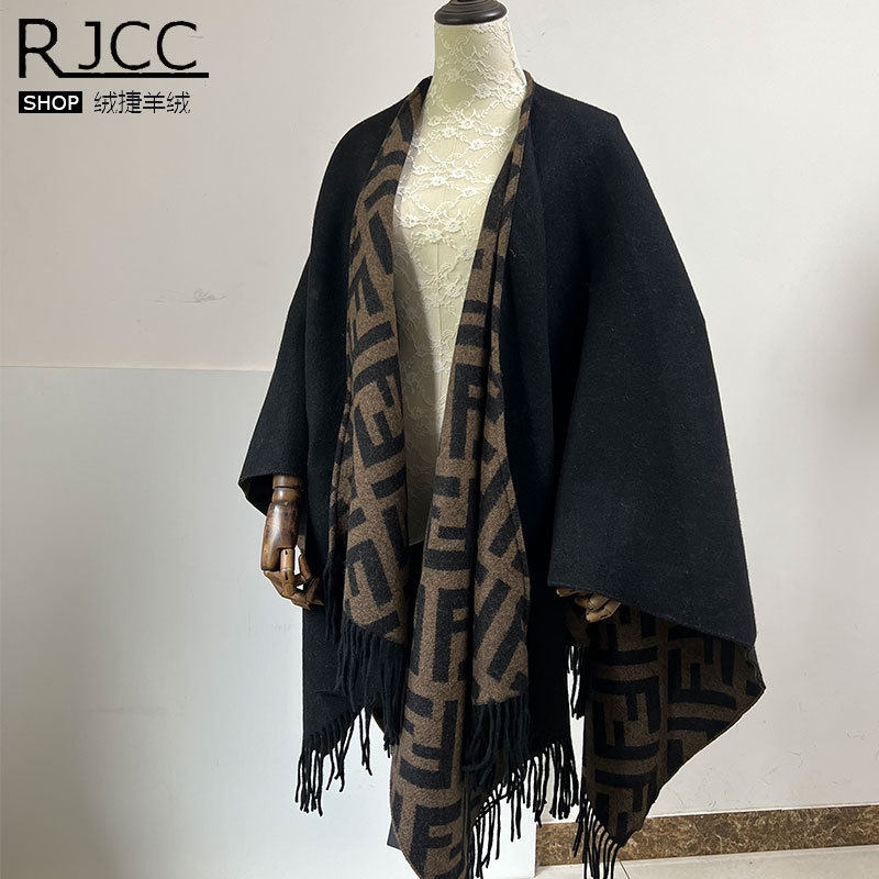 Rjcc绒捷羊羔毛双面提花斗篷舒适保暖休闲冬季英伦流苏女士大披肩