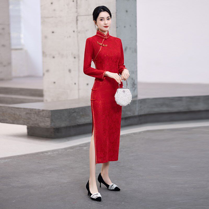 极速外嫁女回娘家旗袍高端走秀出嫁服装红色礼仪小姐迎宾颁奖礼服
