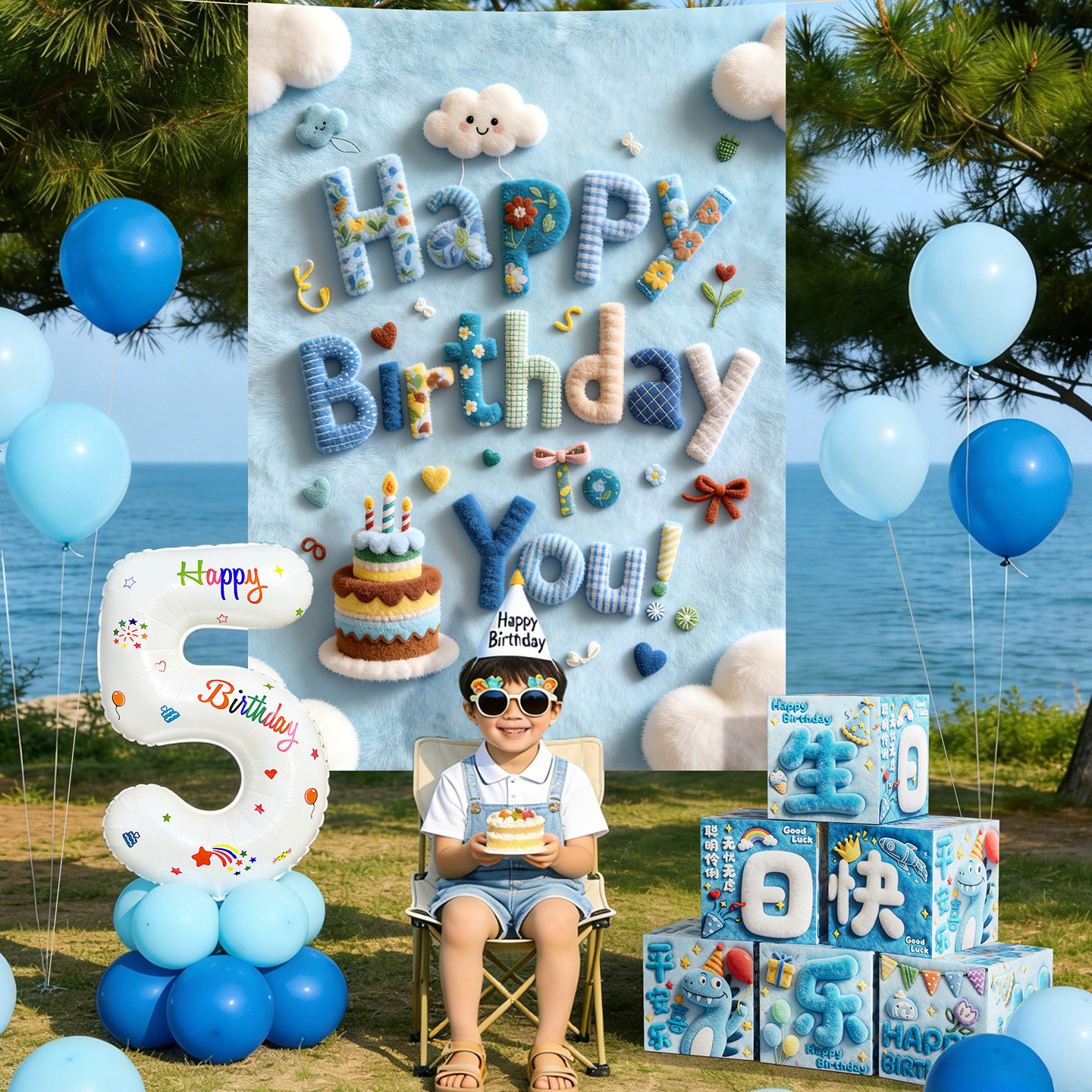 ins风生日布置男女孩户外草坪派对气球儿童5岁数字拍照氛围感装饰