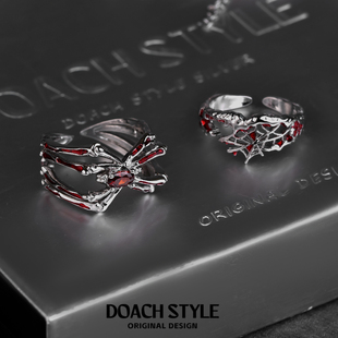 DOACH 原创小众蜘蛛网纯银戒指中性暗黑风红锆石蜘蛛情侣对戒可调