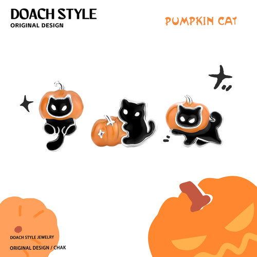 DOACH万圣节南瓜猫s925纯银耳钉