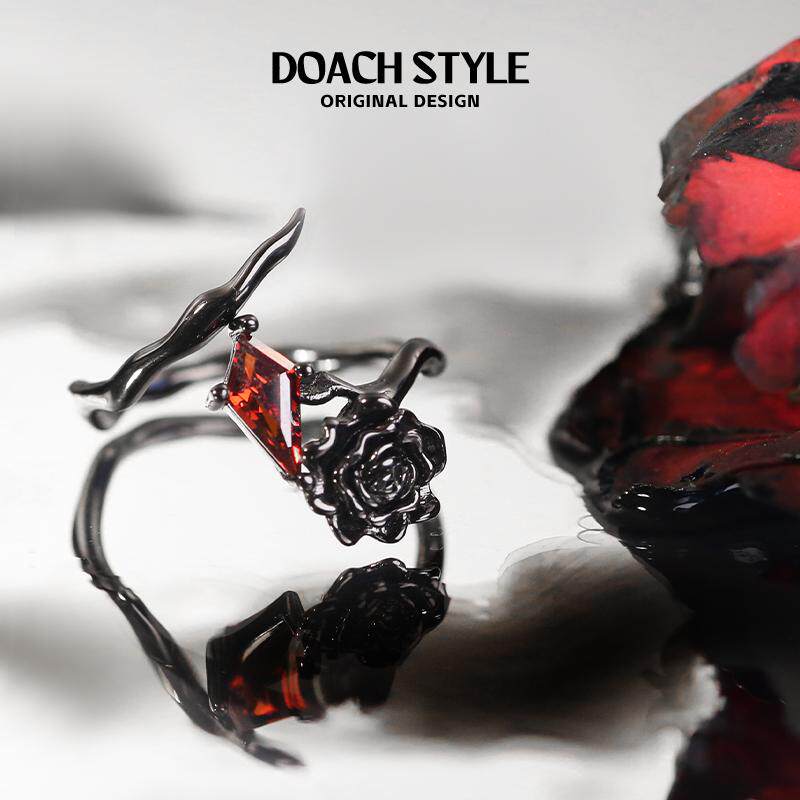 暗黑荆棘玫瑰纯银戒指高级感开口食指戒不规则花朵红色锆石指环潮