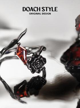 暗黑荆棘玫瑰纯银戒指高级感开口食指戒不规则花朵红色锆石指环潮