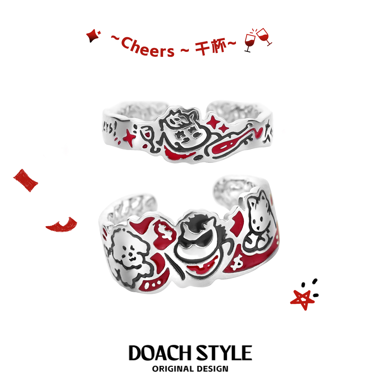 DOACH小猫小马情侣对戒纯银戒指