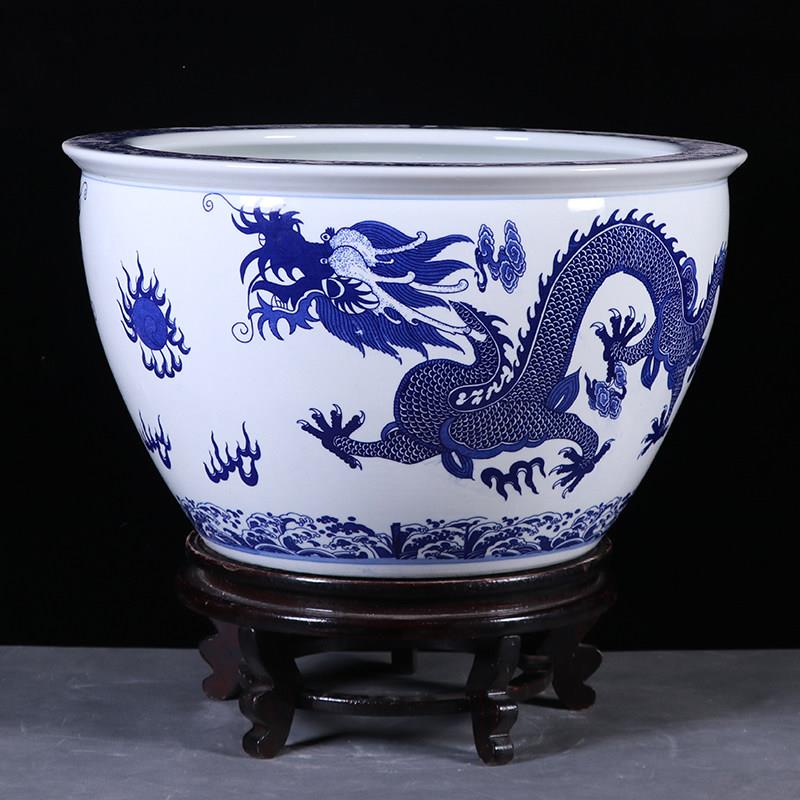 景德镇陶瓷青花龙纹鱼缸养乌龟睡莲荷花盆家用庭院老式特大号水缸