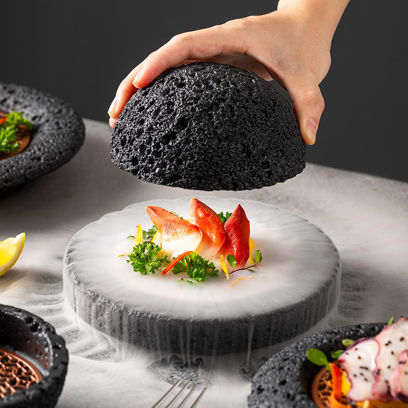 仿火山石创意盘位日式分子料理星球碗干冰意境陨石餐具圆形熏盅盘