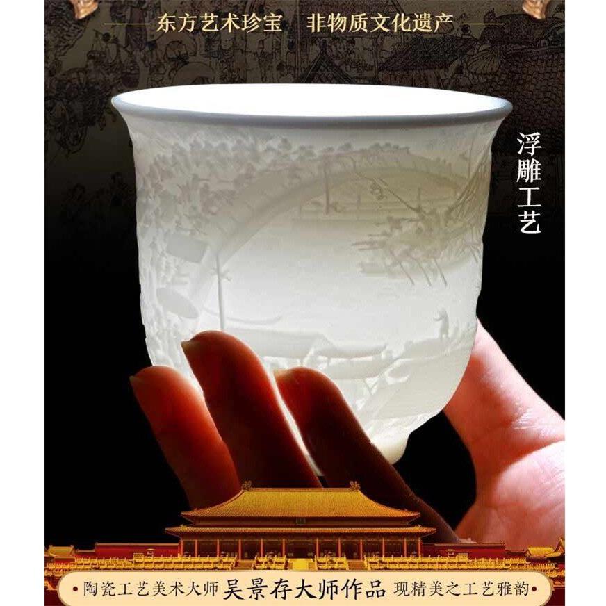 悦容晓风清明上河图羊脂玉瓷杯景德镇陶瓷吴景存大师作白瓷品茗杯 - 实物图