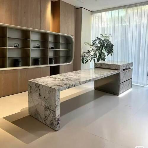 轻奢高级感奢石可伸缩岩板岛台餐桌一体家用带水槽大坪数饭厅导台
