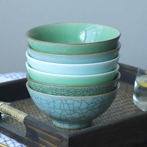 陶瓷碗家用大号米饭碗龙泉青瓷6英寸斗笠碗哥窑冰裂纹中式拌面 面