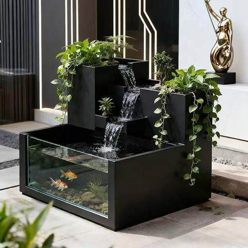 阳台创意流水鱼缸花箱组合落地钢化玻璃露台水循环鱼池不锈钢庭院