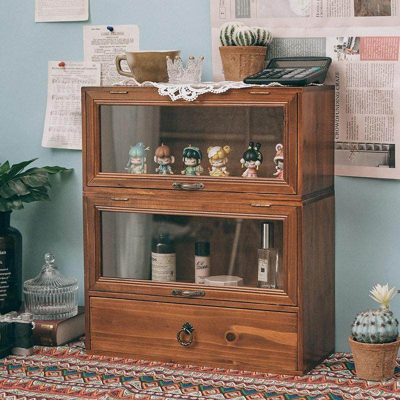 复古装饰桌面收纳盒 带抽屉式化妆品柜 木质高低组合储物盒置物架,收纳整理,桌面收纳盒,淘宝优惠券,粉丝福利购,淘宝优惠卷